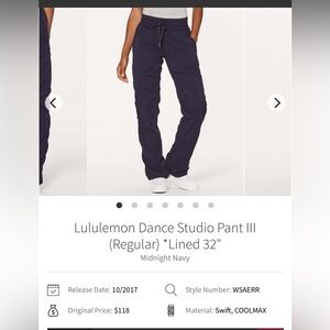 Lululemon Dance Studio Pant III (Regular) *Lined 32"
Midnight Navy